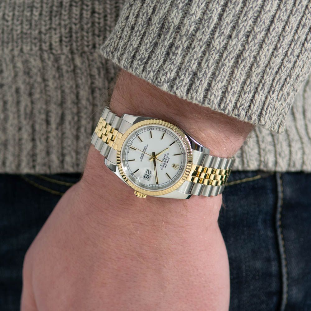 Rolex DateJust White Index Dial Jubilee Bracelet Bisel estriado para hombres dos tonos reloj 116233WSJ