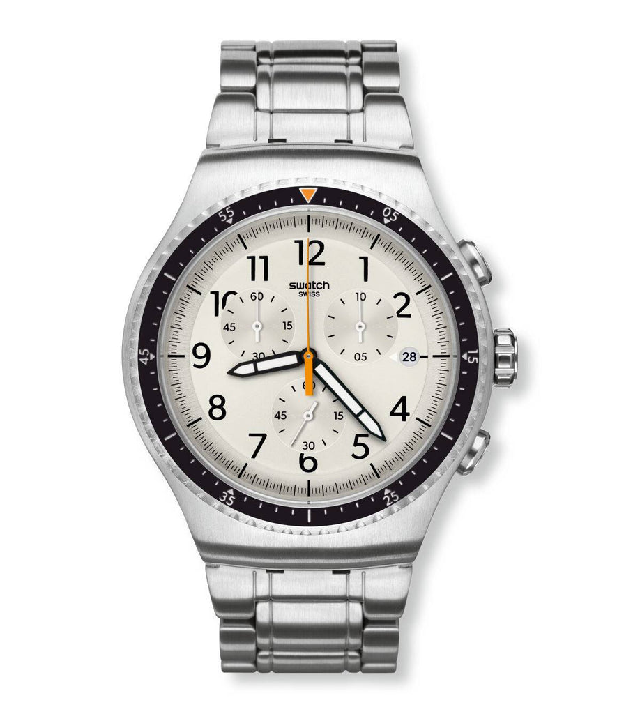 Swatch Ironia Minimalis-Tic Silver Dial di acciaio inossidabile Orologio da uomo YOS453G | VINTAGERADAR.com