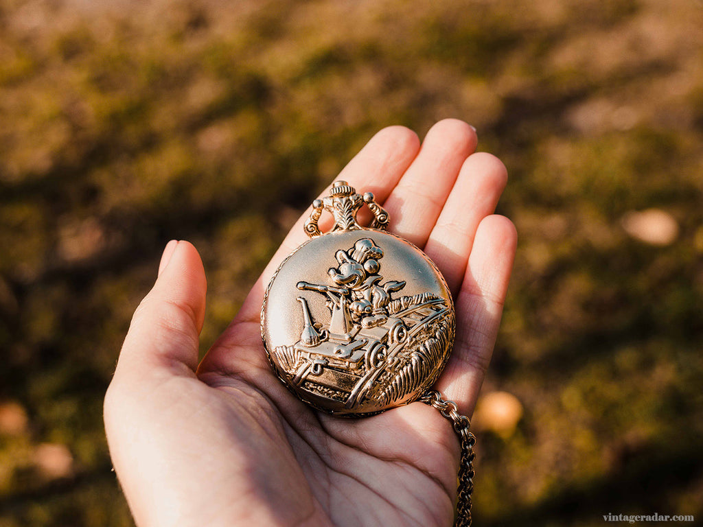 90s Rare Railroad Conductor Mickey Mouse Verichron Pocket Watch