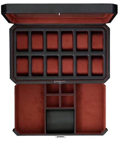 reloj Caja con cajón de valet para hombres - 12 ranura de lujo reloj Organizador de exhibición de casos, revestimiento de microsuede, soporte de relojes de joyería de hombre de bloqueo, soporte de cajas de almacenamiento para hombres Top de vidrio grande