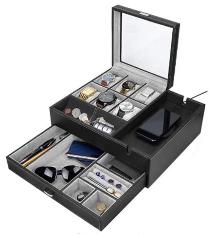 Houndsbay Commander Dresser Valet Uhr Box Case & Herren Juwely Box Organizer mit Smartphone -Ladestation (schwarz/grau)