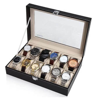 Readaeer 12 Slot PU Leather Watch Box Display Case Jewelry Organizer with Glass Top