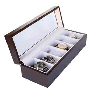 Madera de espresso sólido reloj Organizador de cajas con tapa de visualización de vidrio por estuche elegancia