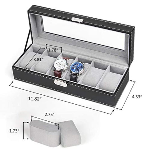 NEX 6 Slot Leather Watch Box Display Case Organizer Glass Jewelry Storage Black