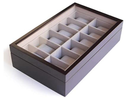 Madera de espresso sólido reloj Organizador de caja con visualización de vidrio Top 12 Ranura por Case Elegance (Espresso)