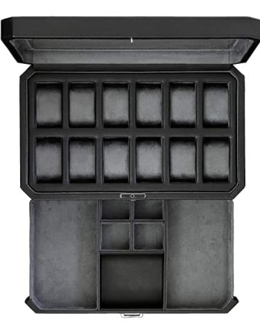 reloj Caja con cajón de valet para hombres - 12 ranura de lujo reloj Organizador de visualización de casos, Liner de Microsuede