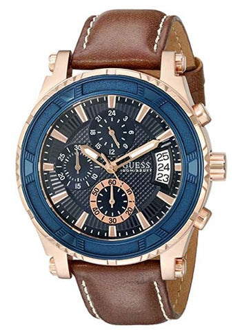 GUESS Brown + Blue Genuine Leather Chronograph Watch with Date Function (Model: U0673G3)