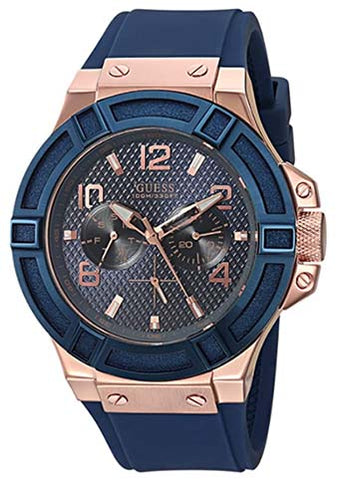GUESS Men's Rigor Iconic Blue Stain Resistant Silicone Watch with Rose Gold-Tone Day + Date (Model: U0247G3