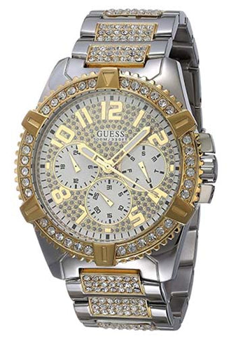 Guida in acciaio inossidabile + orologio bracciale abbellito in cristallo oro con giorno e data (Modello: U0799G4)