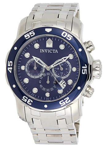 Invicta Men's Pro Diver Quartz Chronograph reloj con correa de acero inoxidable, plata, 26 modelo 0073) con dial azul