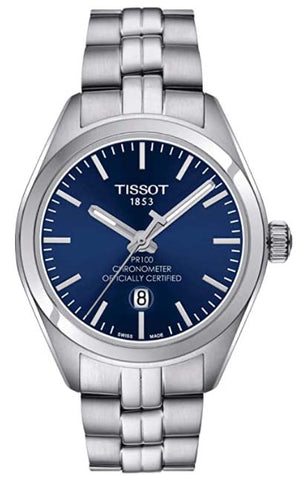 Tissot ساعة كوارتز PR 100 COSC للسيدات بمينا أزرق وستانلس ستيل