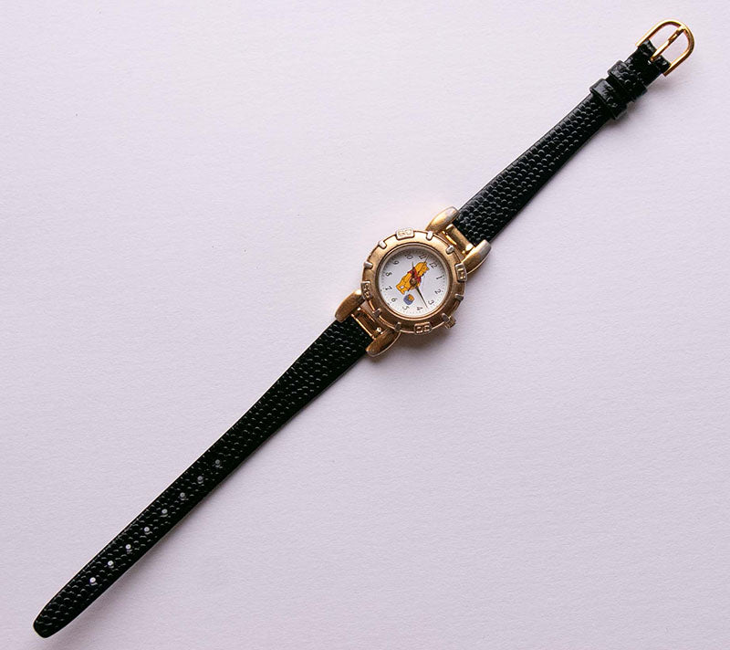 Vintage Gold-tone Winnie the Pooh Women's Watch | Black Leather Strap ...