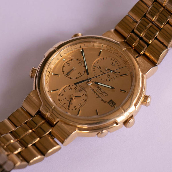 Gold-Plated Seiko 7T32-6A00 Alarm Chronograph Watch Vintage – Vintage Radar