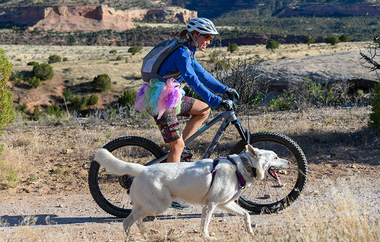 Woman mountain biking with her dog.
