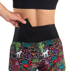 Back view of women's running short showing a phone in the back waistband pocket