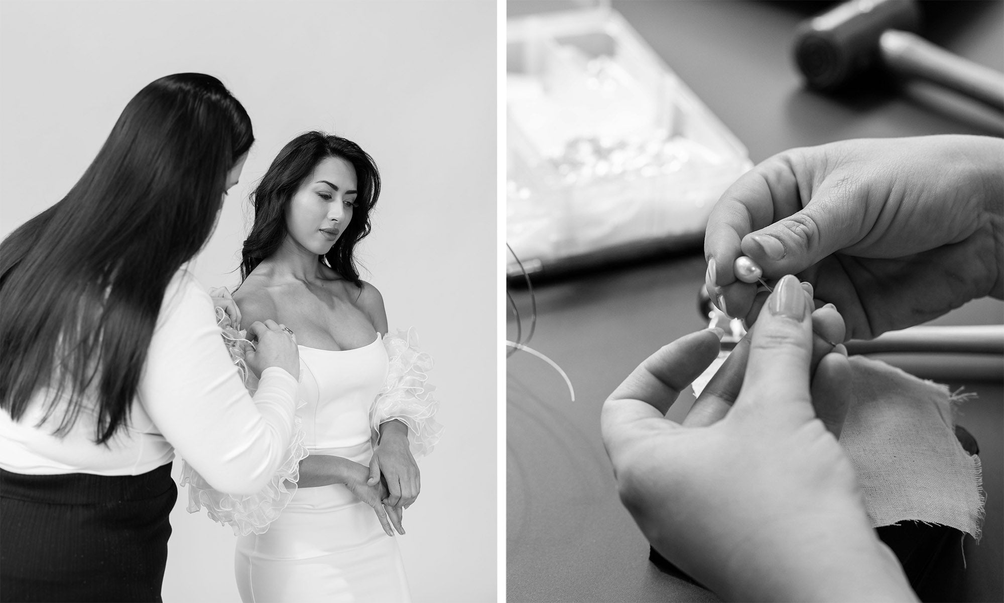 Australian bridal jewellery designer puts finishing touches on pearl drop earrings and readies model for photoshoot