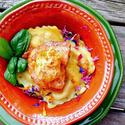 Sweet Pan Seared Browned Salmon and Butternut Squash Ravioli