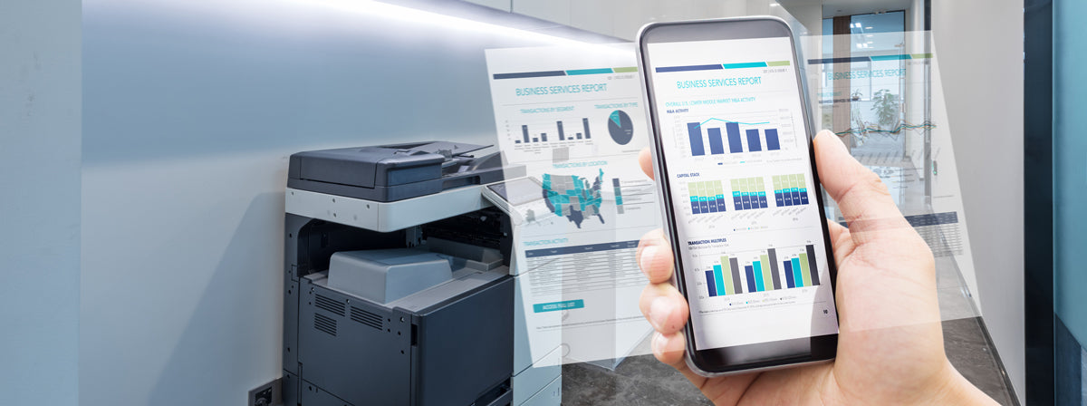 Image showcasing mobile printing capabilities on a new office copier