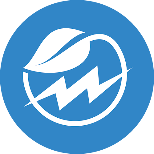 white leaf icon with lightning bolt in middle on blue circle