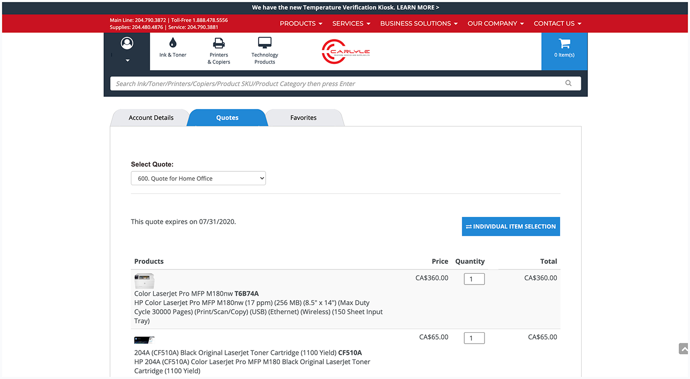 Carlyle My Account, Quotes dashboard