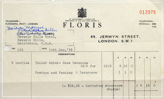 Receipt of Marilyn Monroe purchase of toilet water Rose Geranium
