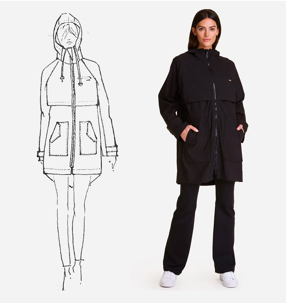 A sketch of a woman in a parka next to a model wearing a parka
