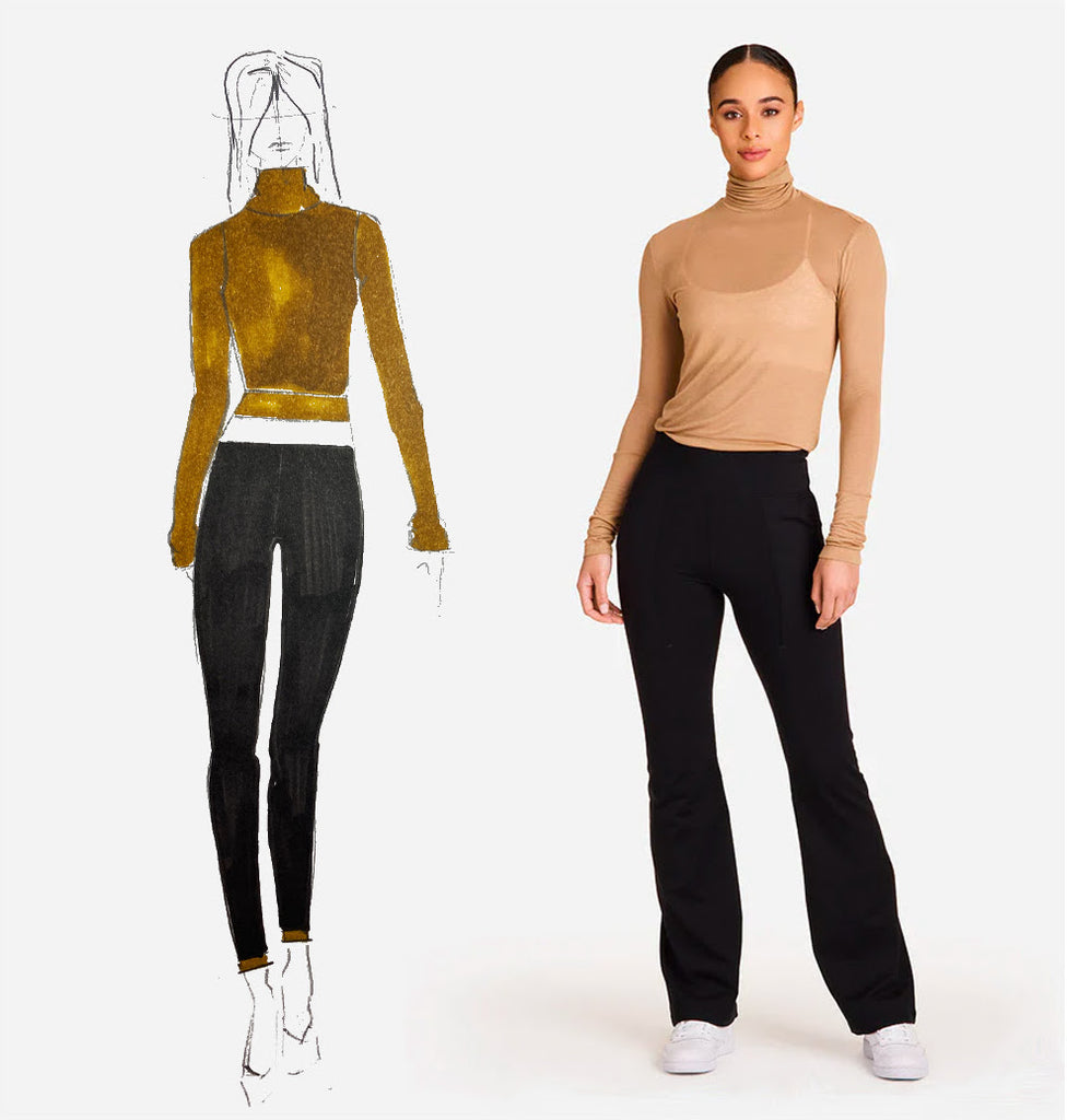 A sketch of a woman in a turtleneck next to a model in a turtleneck