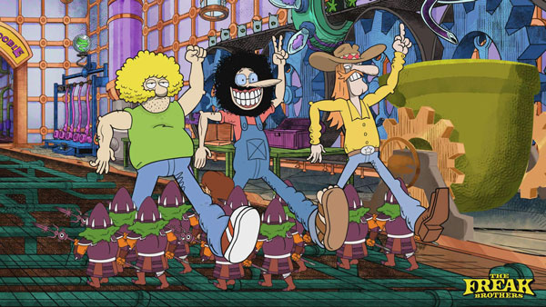 The Freak Brothers doing their iconic step over