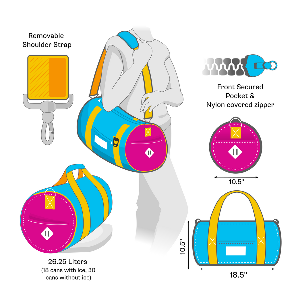 Duffle Bag Cooler hold 18 cans with ice or 30 cans without ice, 26L, removable strap.