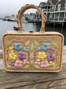 Vintage Rectangular Woven Purse with Colorful Embroidered Raffia Florals