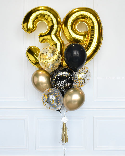 Bouquet de 8 ballons noir, or et argent 27 cm - Vegaooparty