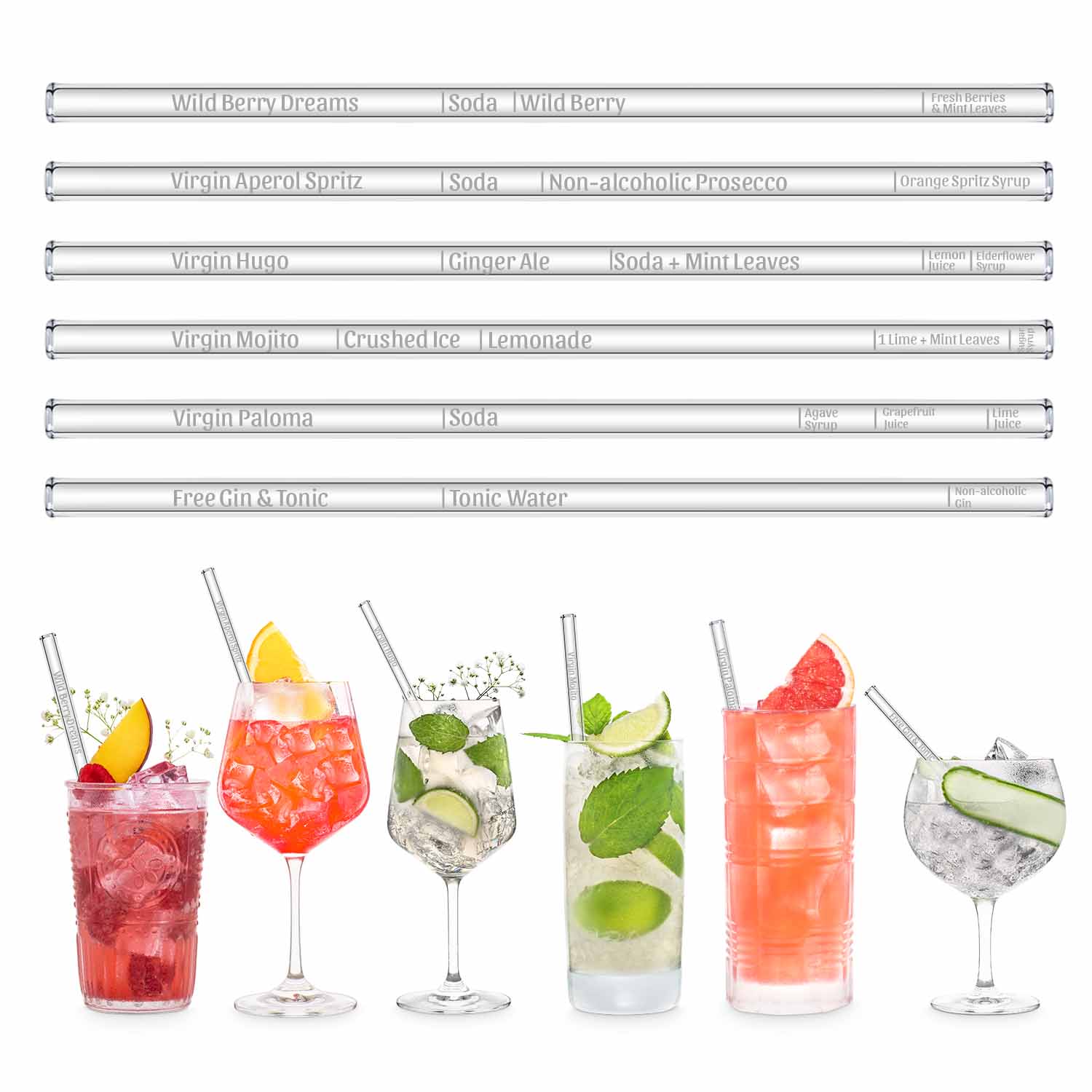 Recetas de cóctel sin alcohol grabadas en pajillas de vidrio - HALM Straws