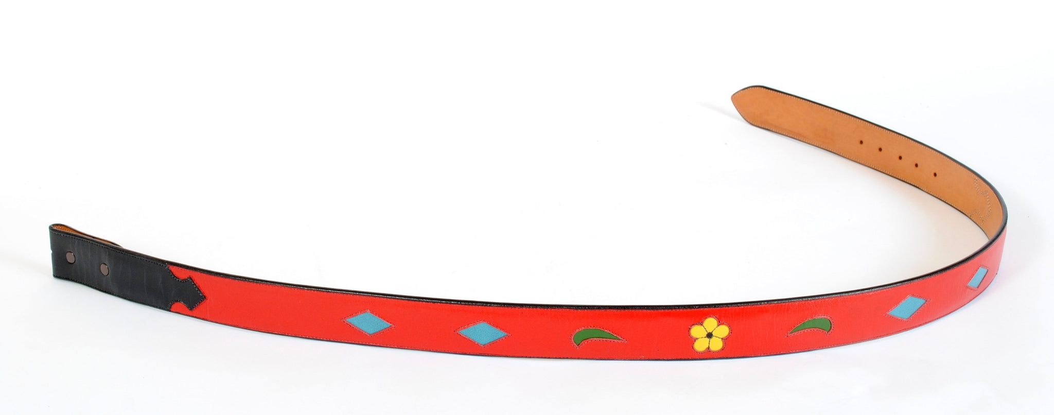 Handmade Red Leather Belt with Floral & Diamond Inlaid Designs sz 42-1