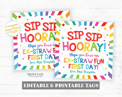 Printed Valentine Sip sip hooray tags or stickers, Set of 25/ Straw