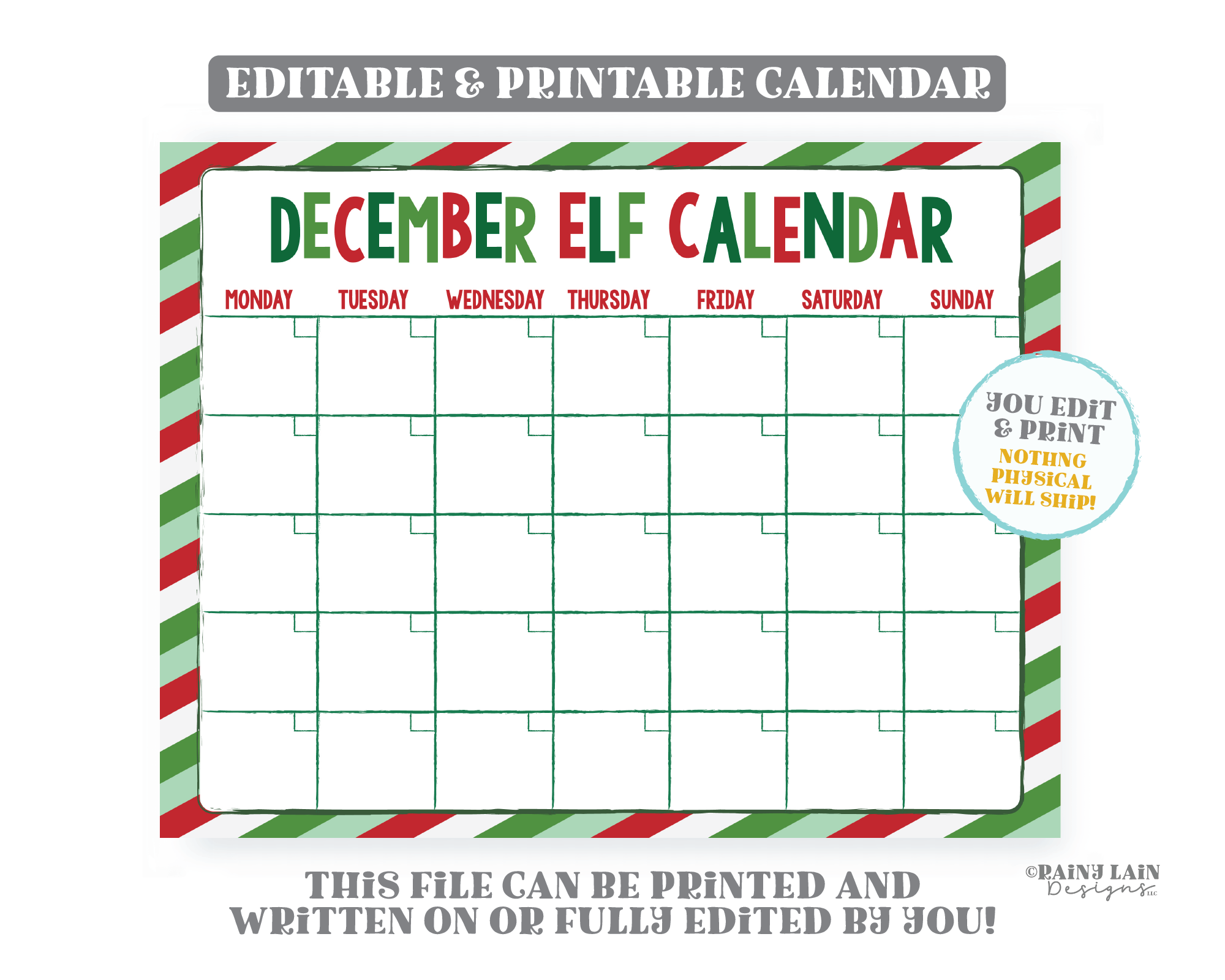 Elf Planning Calendar Printable Elf Calendar Editable Christmas Elf Id