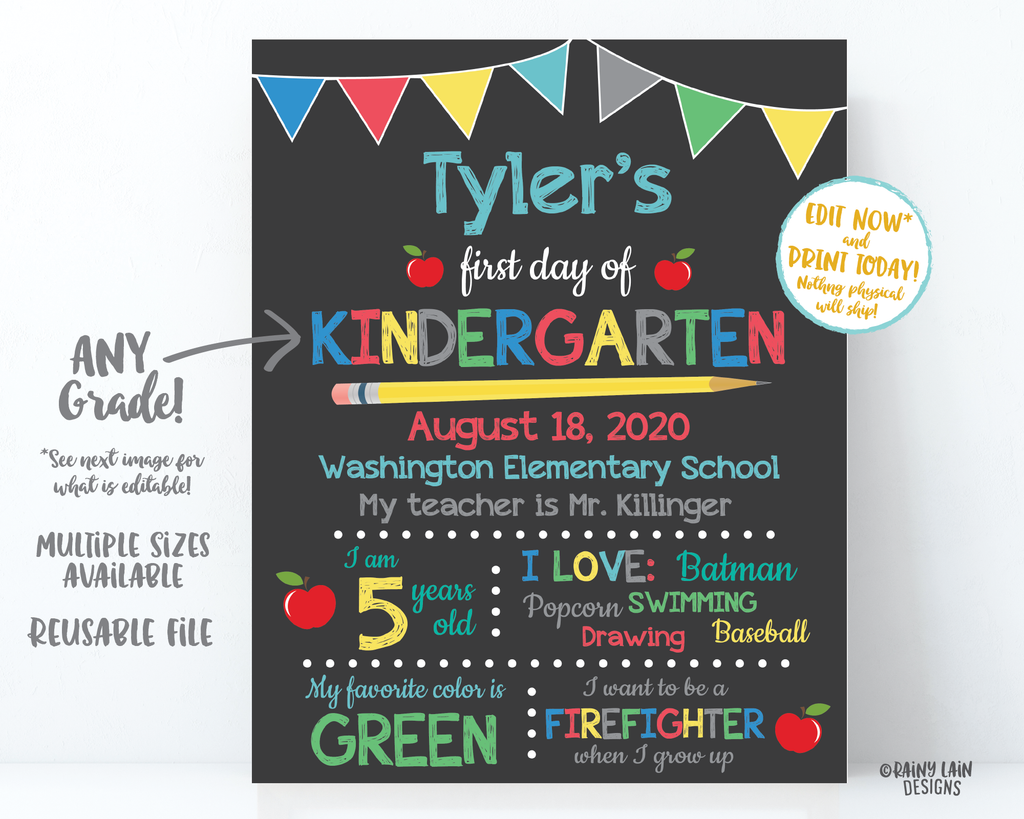 customize first day of kindergarten sign