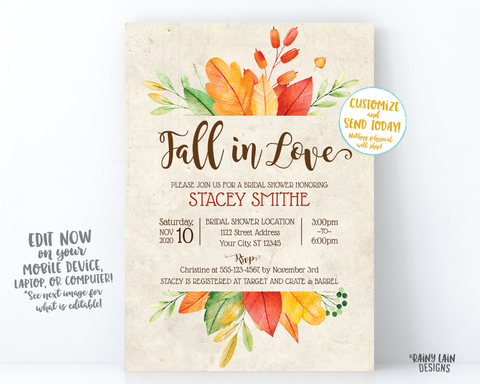 Fall Bridal Shower Invitation Template Fall in Love Autumn 