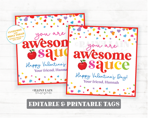 Applesauce Kids Valentine Printables, Awesomesauce, Classroom Valentine, Kids  Valentine, Valentine's Day, Just Add Confetti 