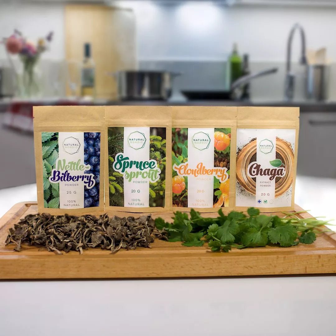 NORDIC SPECIAL SELECTION Secure checkout with. Indulge in a unique culinary journey with this special selection, granting you the opportunity to savor the distinct flavors of the northern wilderness. This enticing assortment features 20g of spruce sprout powder, 20g of cloudberry powder, 20g of chaga extract, and 25g of nettle-bilberry powder — a perfect and distinctive gift, whether for a culinary enthusiast or as a treat for yourself.