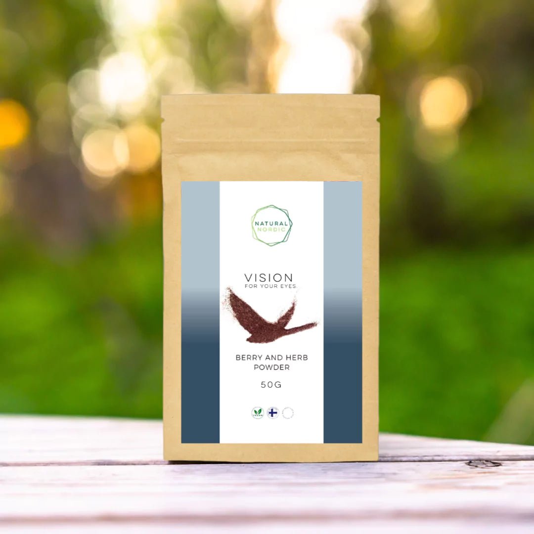 VISION BERRY AND HERB POWDER Secure checkout with. FOR YOUR EYES. Dark blue kick to your immune system combines nutrition from bilberry, blackcurrant (both berries and leaves), and crowberry together with Garden Angelica and cornflower. Vision has ﬂavonols and vitamins (A, C, E and K), dietary fiber, copper and manganese. Wild blueberries (aka bilberries) have a multiple amount of beneﬁcial compounds as opposed to blueberries, whereas blackcurrant seeds contain vitamin E and many polyunsaturated fatty acids which are best i