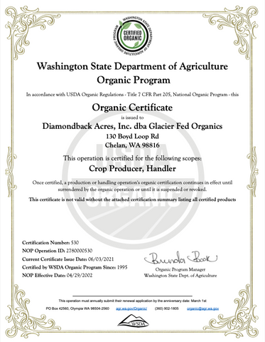 Diamondback Acres dba Glacier Fed Organics Organic Certification