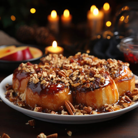 Baked apples with caramel sauce and pecans