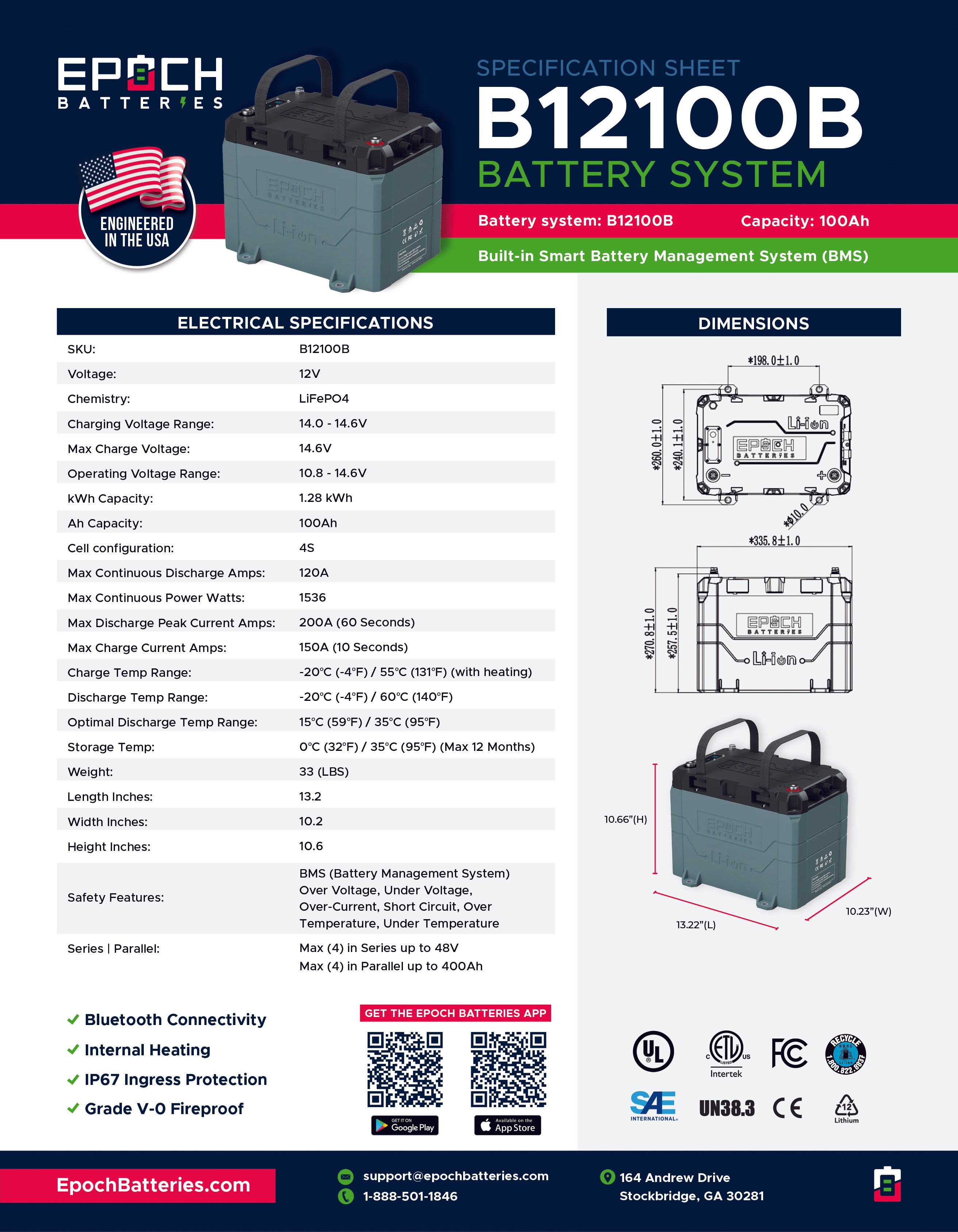 Epoch 12V 100Ah Quick Spec Sheet