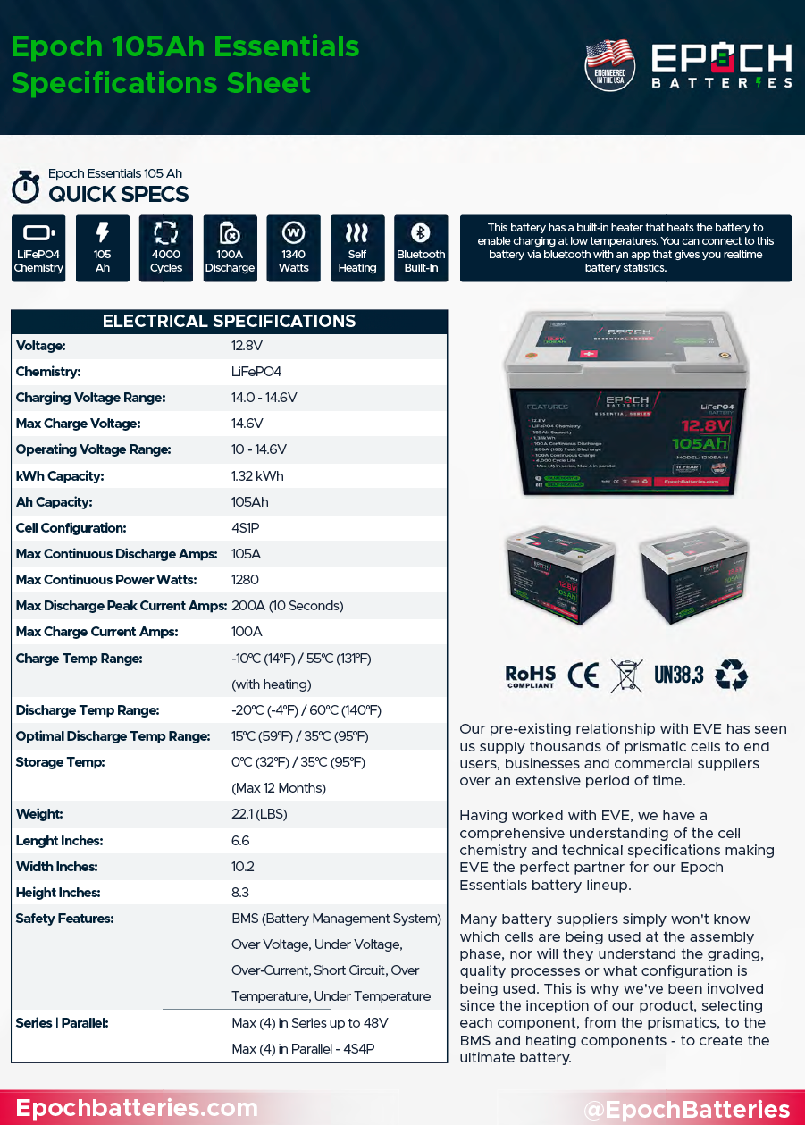 Epoch 12V 105Ah Quick Spec Sheet