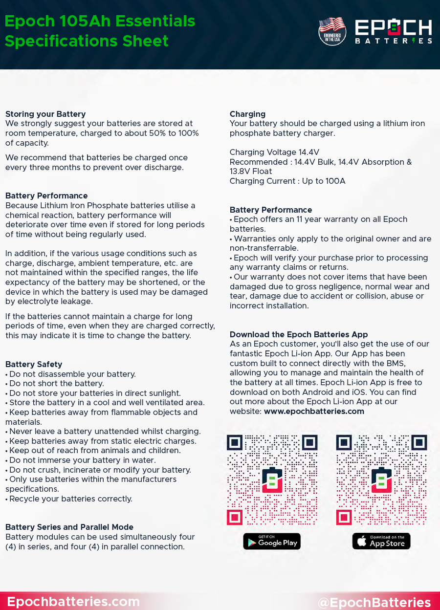 Epoch 12V 105Ah Quick Spec Sheet