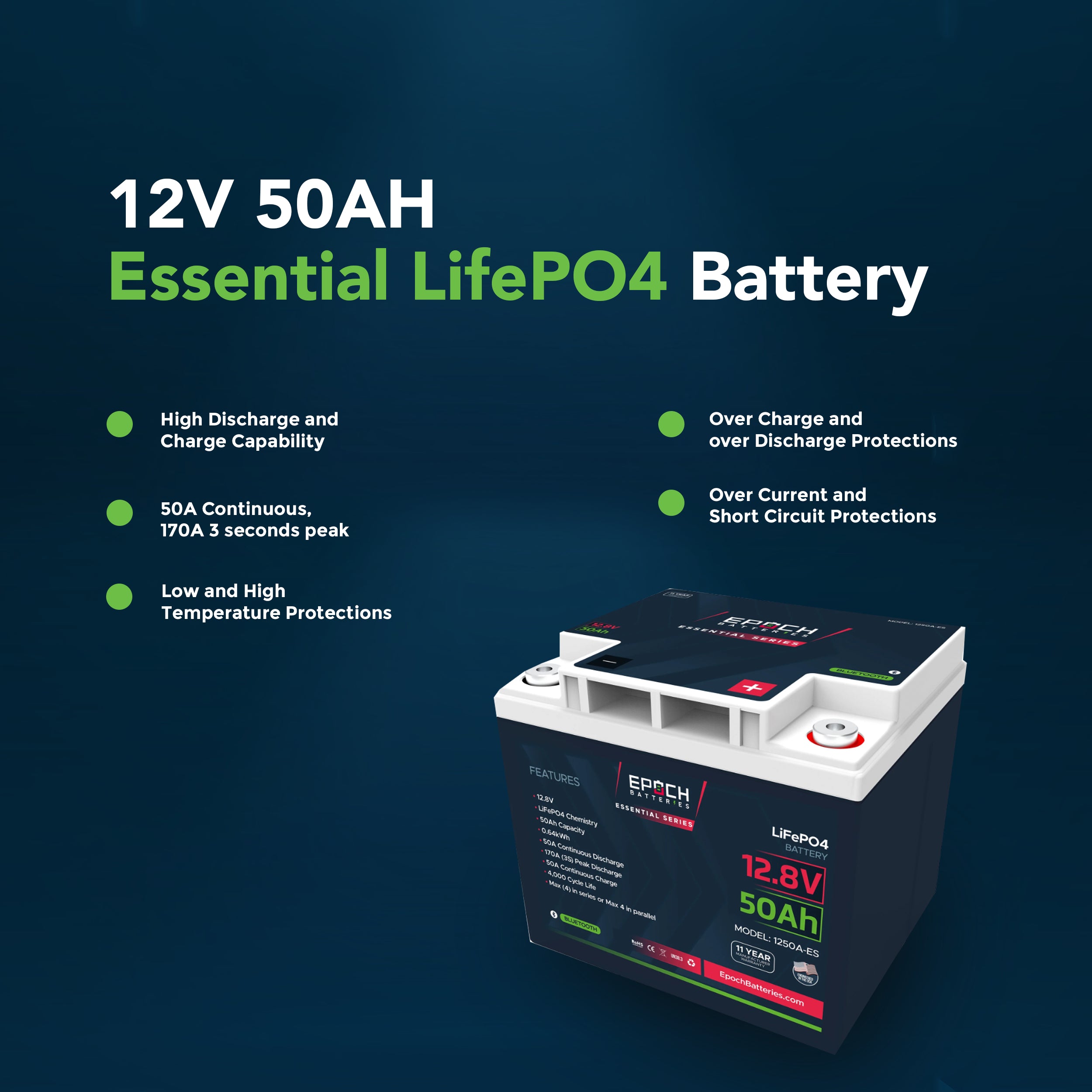  12V 50Ah LiFePO4 Lithium Battery, 4000+ Deep Cycle
