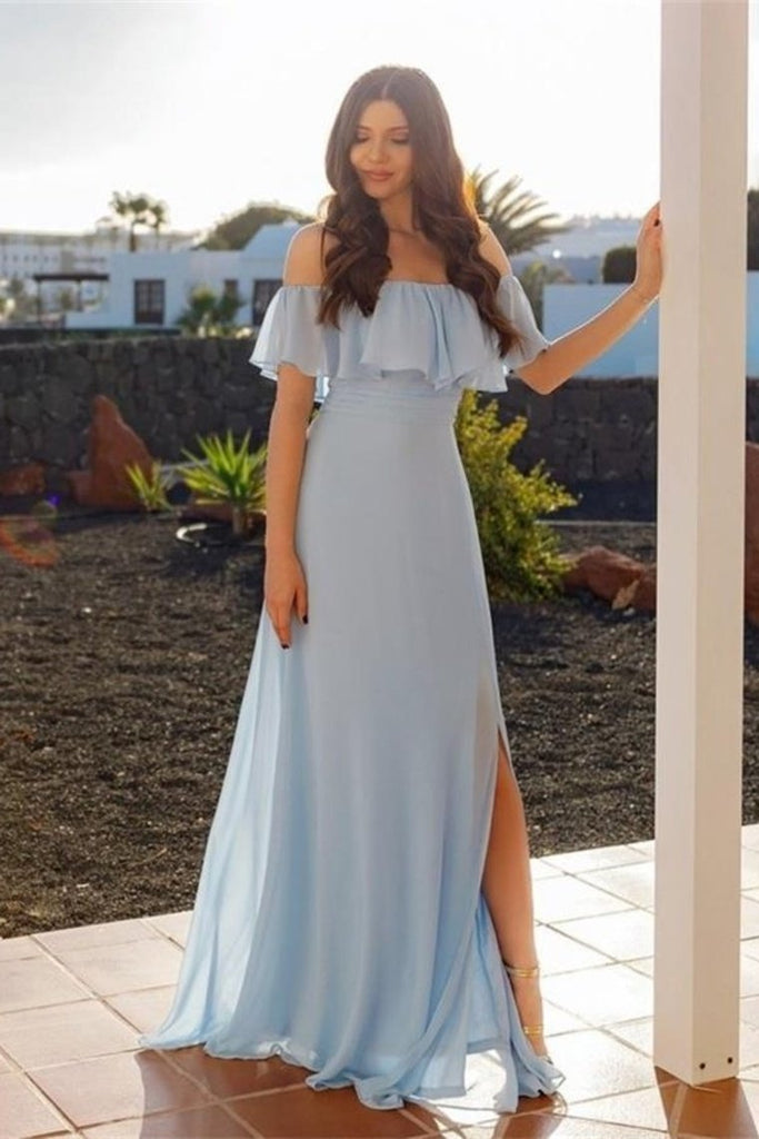 light blue flowy prom dress