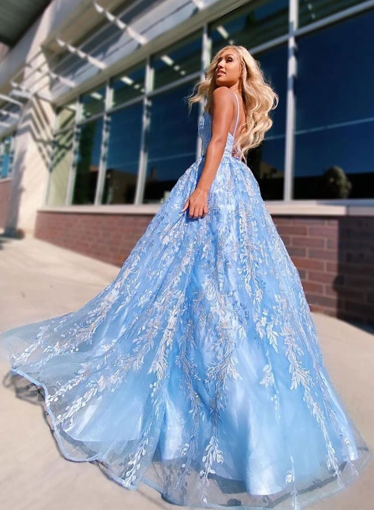 light blue flowy prom dress