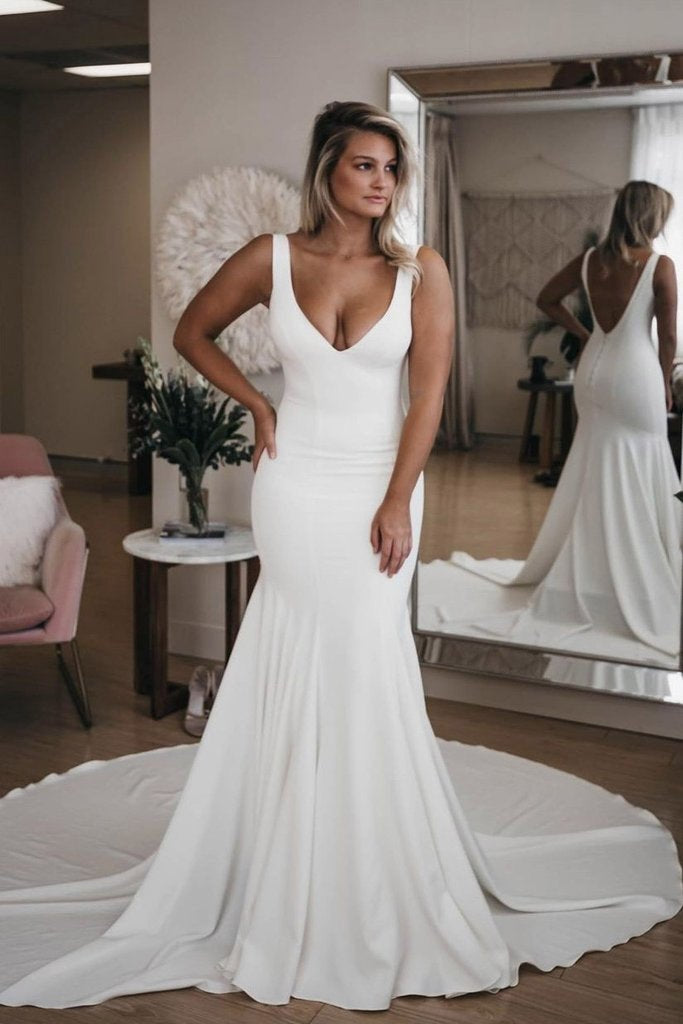 v neck mermaid wedding dress