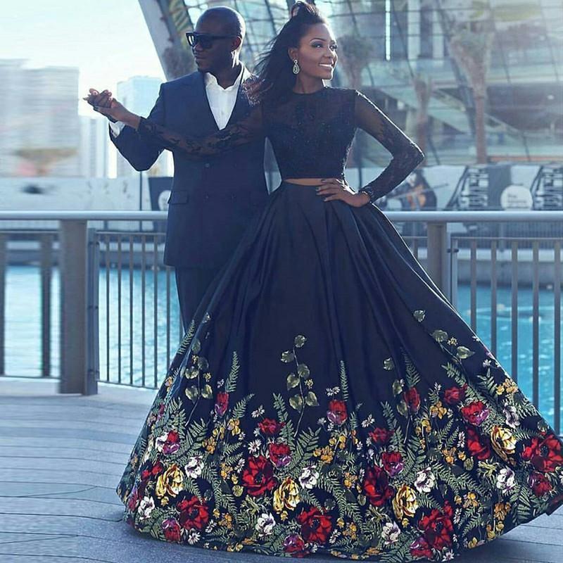 two piece black floral prom dress